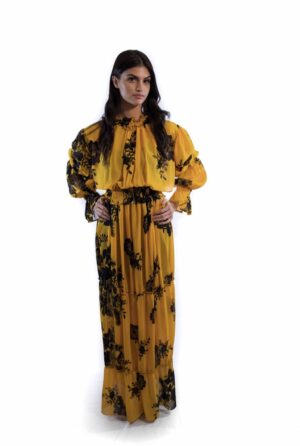 Yellow Cinched Kaftan Floral Dress