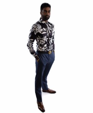 Black Hawaiian Print Dress Shirt